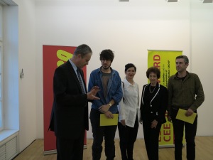 Prof. Agnes Essl and our generous sponsors with the Slovenian Award-Winners Dan Adlešič and Gregor Maver (who seemed to not quite believe they were the chosen winners), Foto: Sammlung Essl